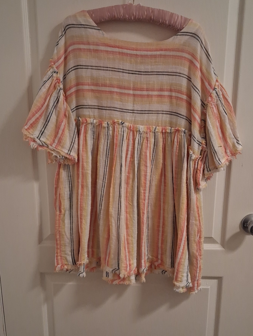 Free People Peach, Cream & Black Striped Ruffle Sleeve Tunic